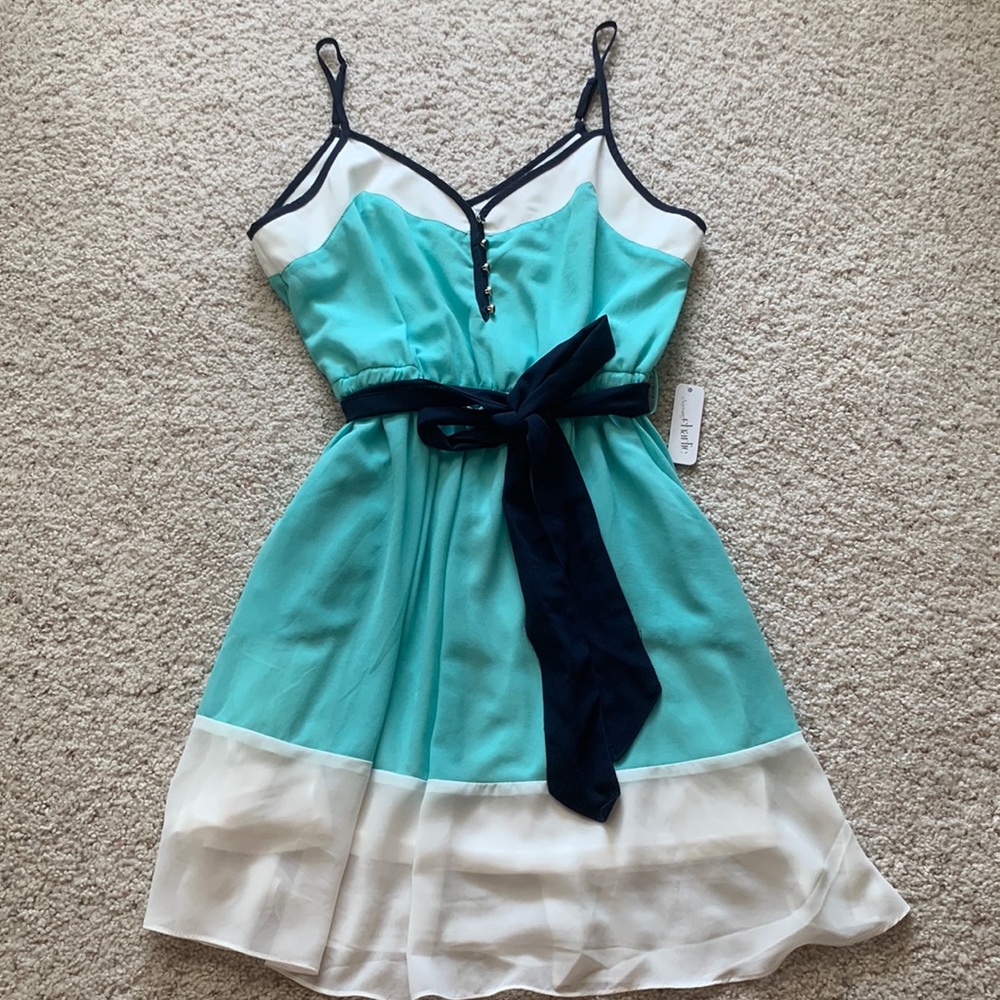Light Teal, Navy, & White Cocktail Dress